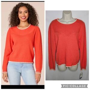 New Democracy Long Puff Sleeve Round Neck Mixed Stitch Sweater Poppy Red Size M